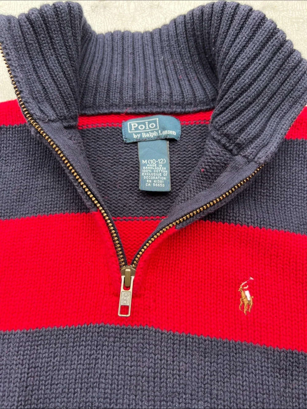 Ralph Lauren kids Red & Navy Striped Half-Zip Sweater 10-12